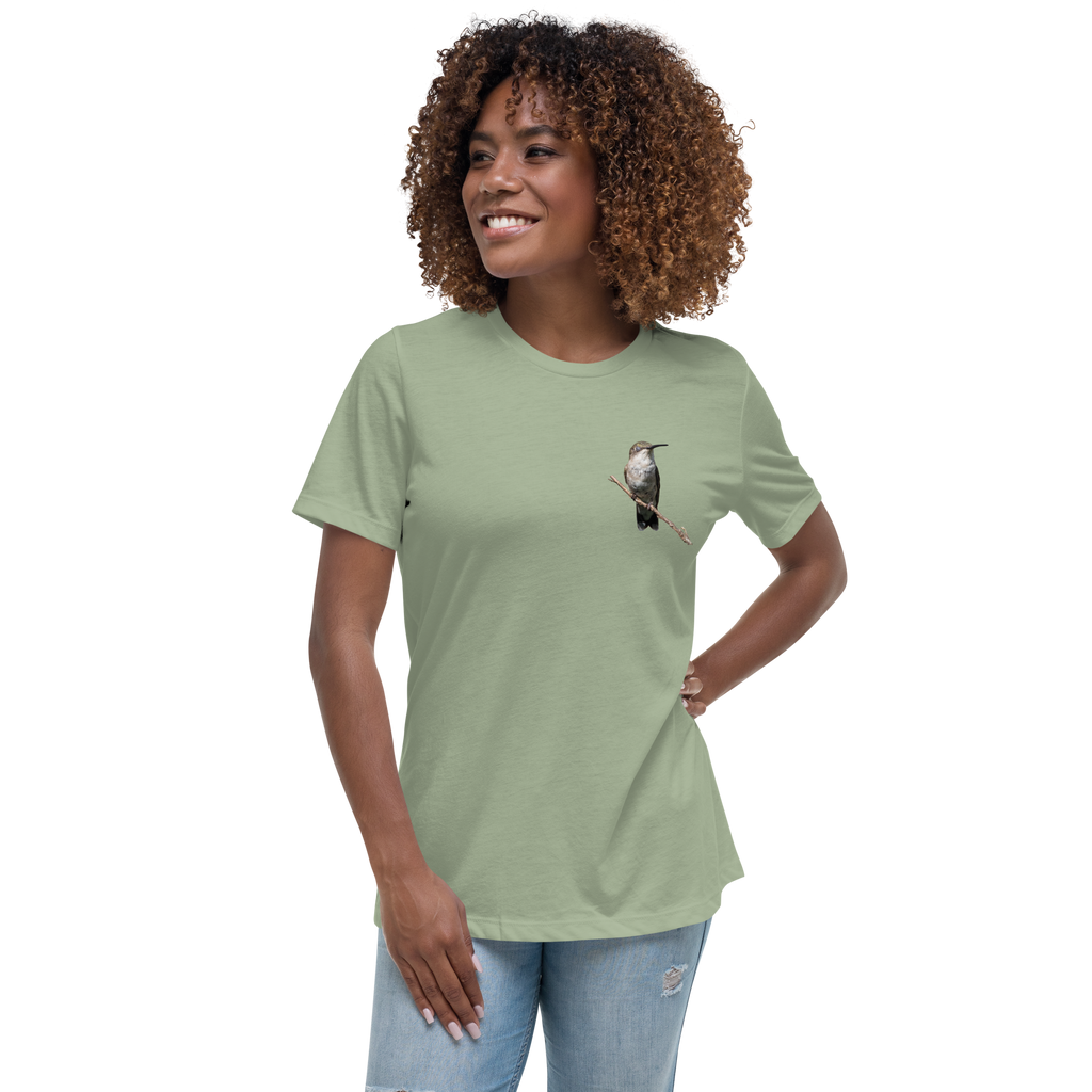 Woman wearing a sage t-shirt with a hummingbird photo on a branch