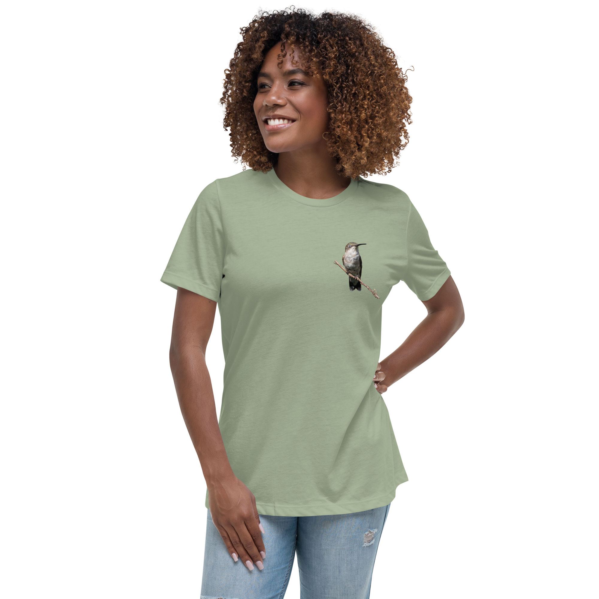 Woman wearing a sage t-shirt with a hummingbird photo on a branch