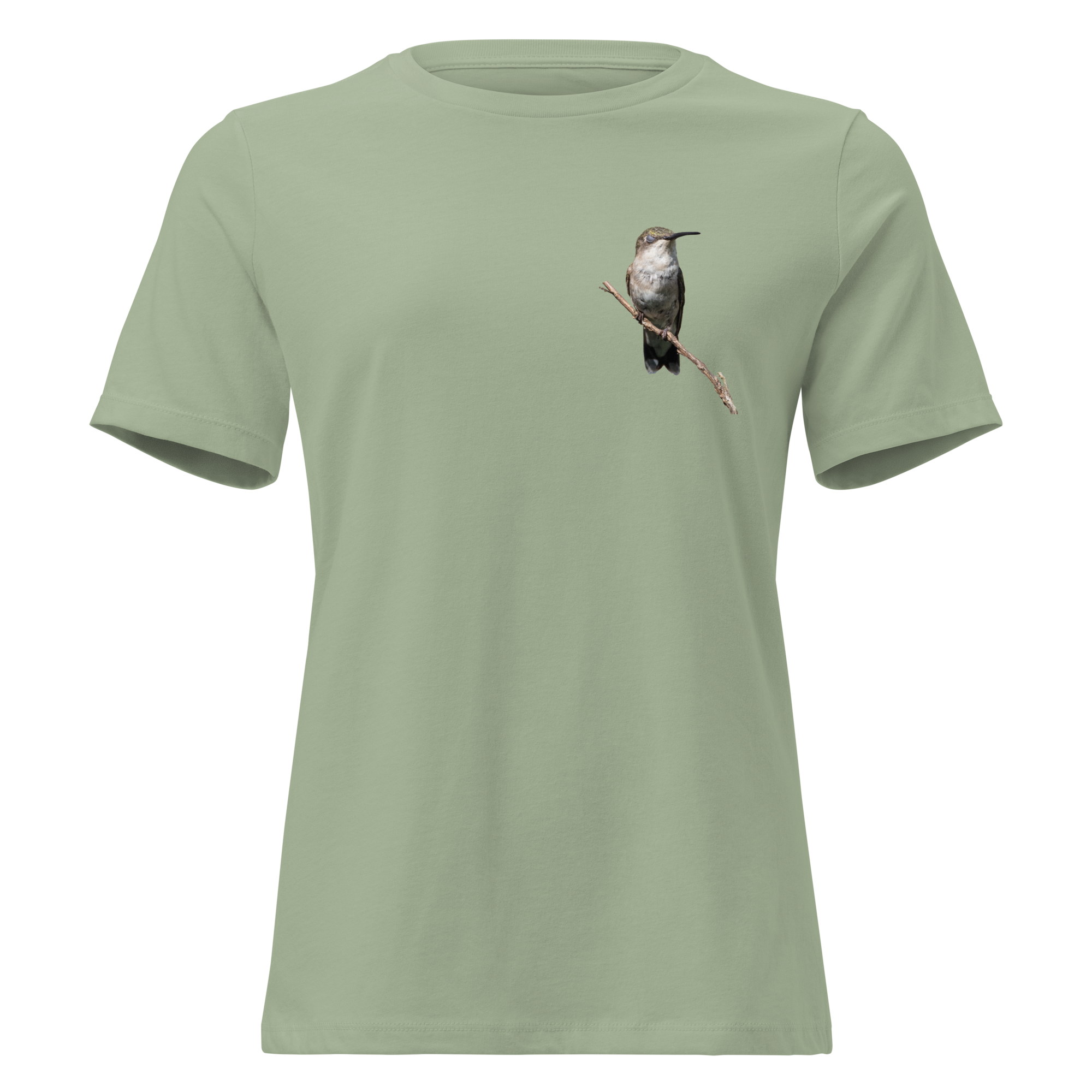  a sage t-shirt with a hummingbird photo on a branch