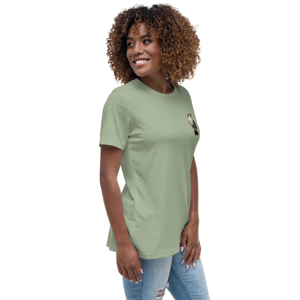right view of Woman wearing a sage t-shirt with a hummingbird photo on a branch