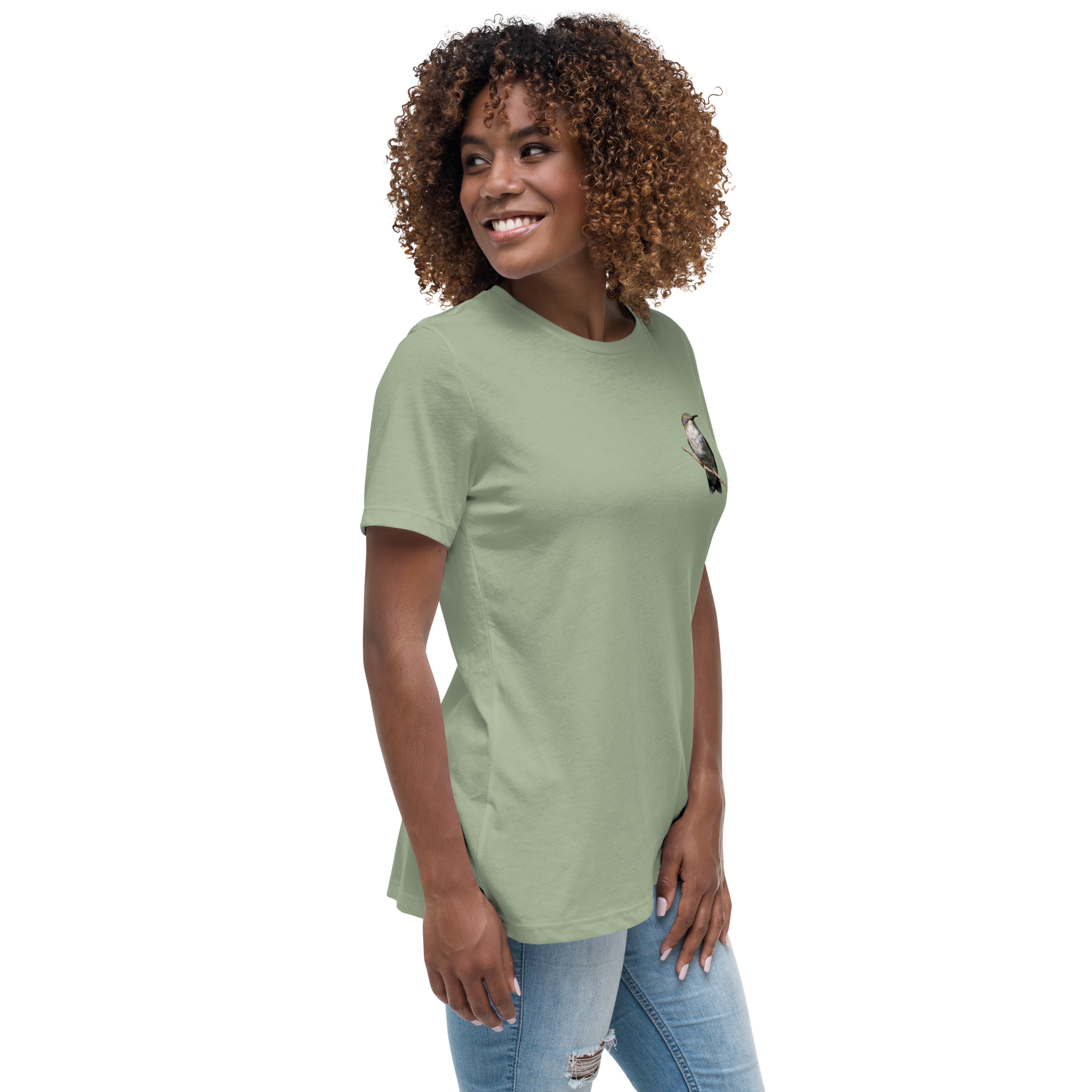 right view of Woman wearing a sage t-shirt with a hummingbird photo on a branch